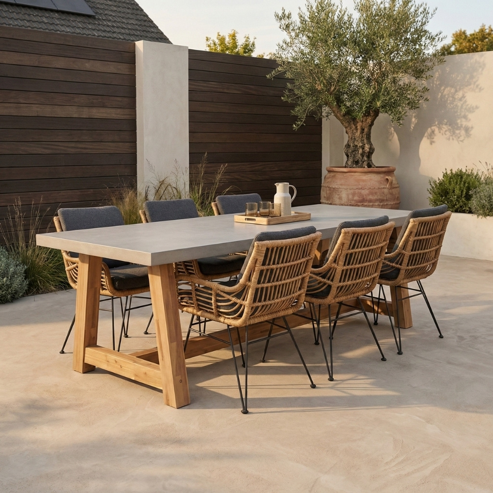 Veltis/Carlos antraciet dining tuinset | 6 personen | betonlook + wicker | 250cm