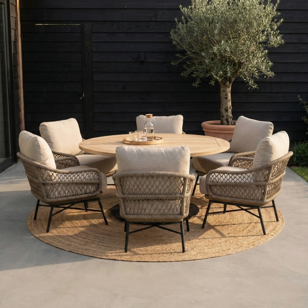 Ventura low dining tuinset | 6 personen | teakhout + touw | 150cm rond