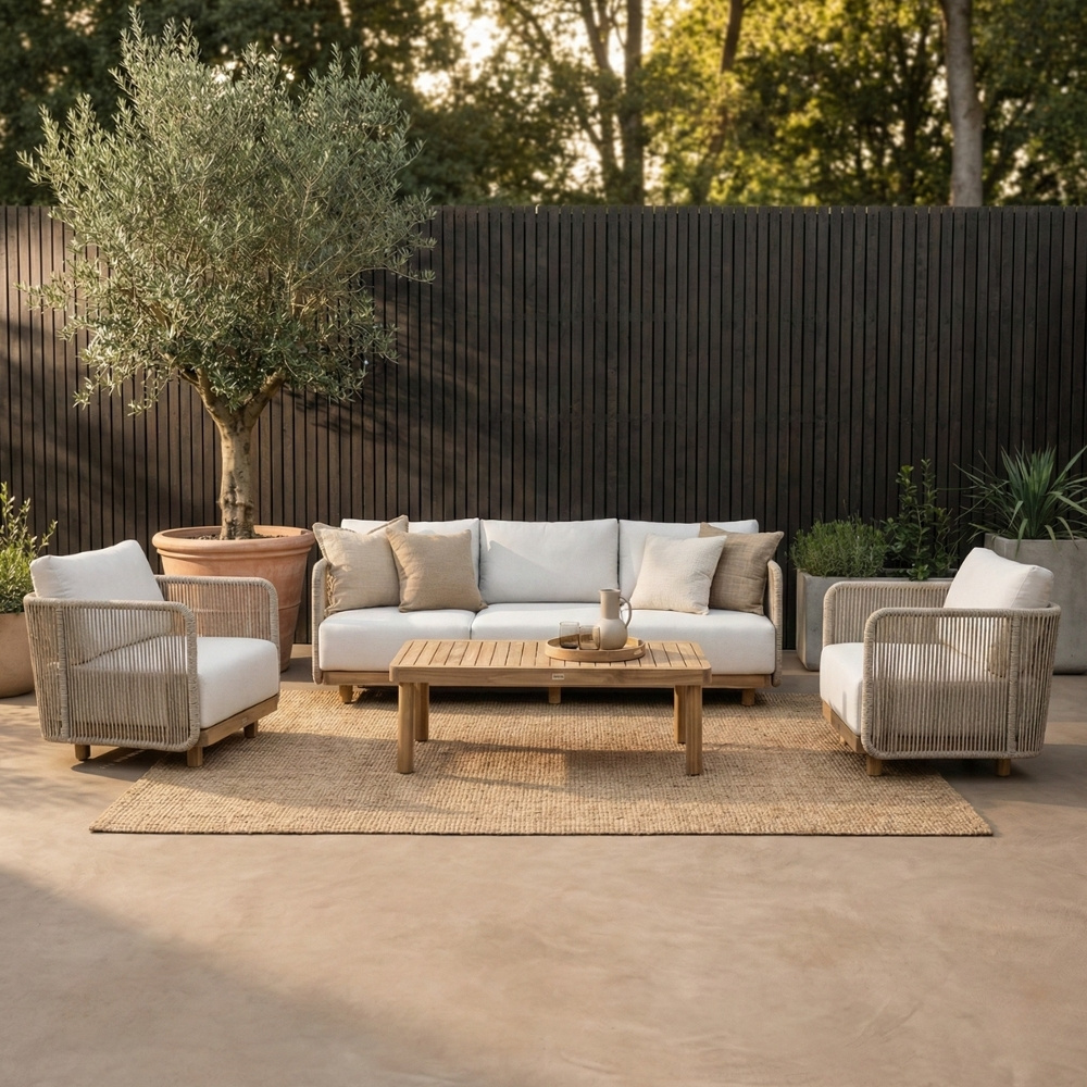 Sienna stoel-bank loungeset 5 personen incl. tafel | touw + hardhout | zand | 5-delig