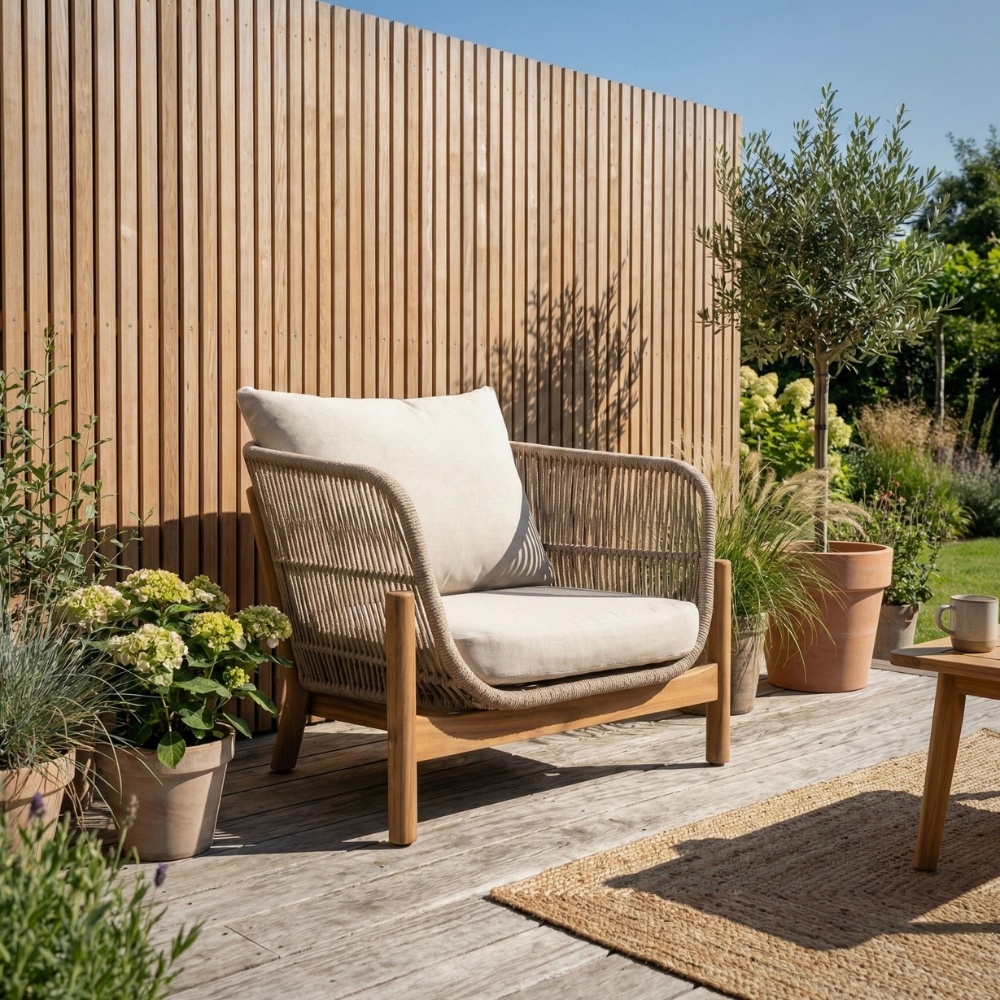 Braga loungestoel tuin | touw + hardhout | zand