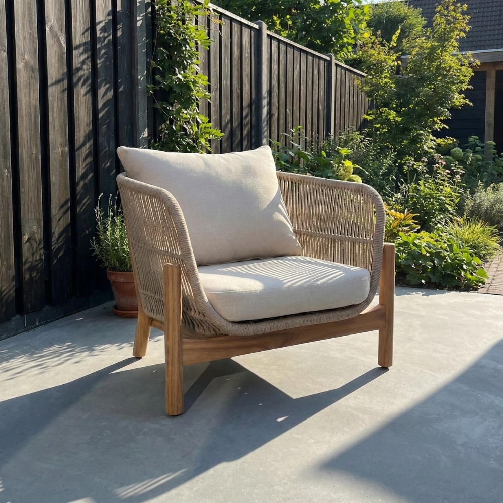 Braga loungestoel tuin | touw + hardhout | zand