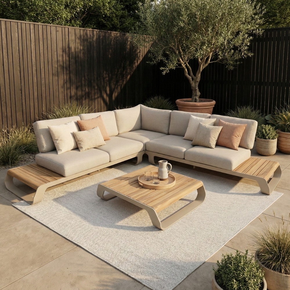 Palm Springs hoek loungeset 5 personen | aluminium + hardhout | beige | 4-delig - 267x267cm