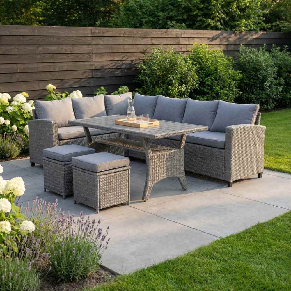 Stockholm dining loungeset met hockers 8 personen | wicker | grijs | 5-delig - 245x169cm