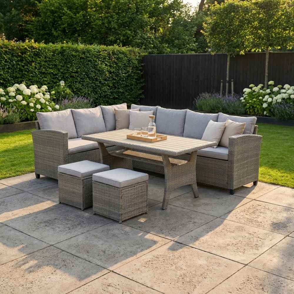 Stockholm dining loungeset met hockers 8 personen | wicker | zand | 5-delig - 245x169cm