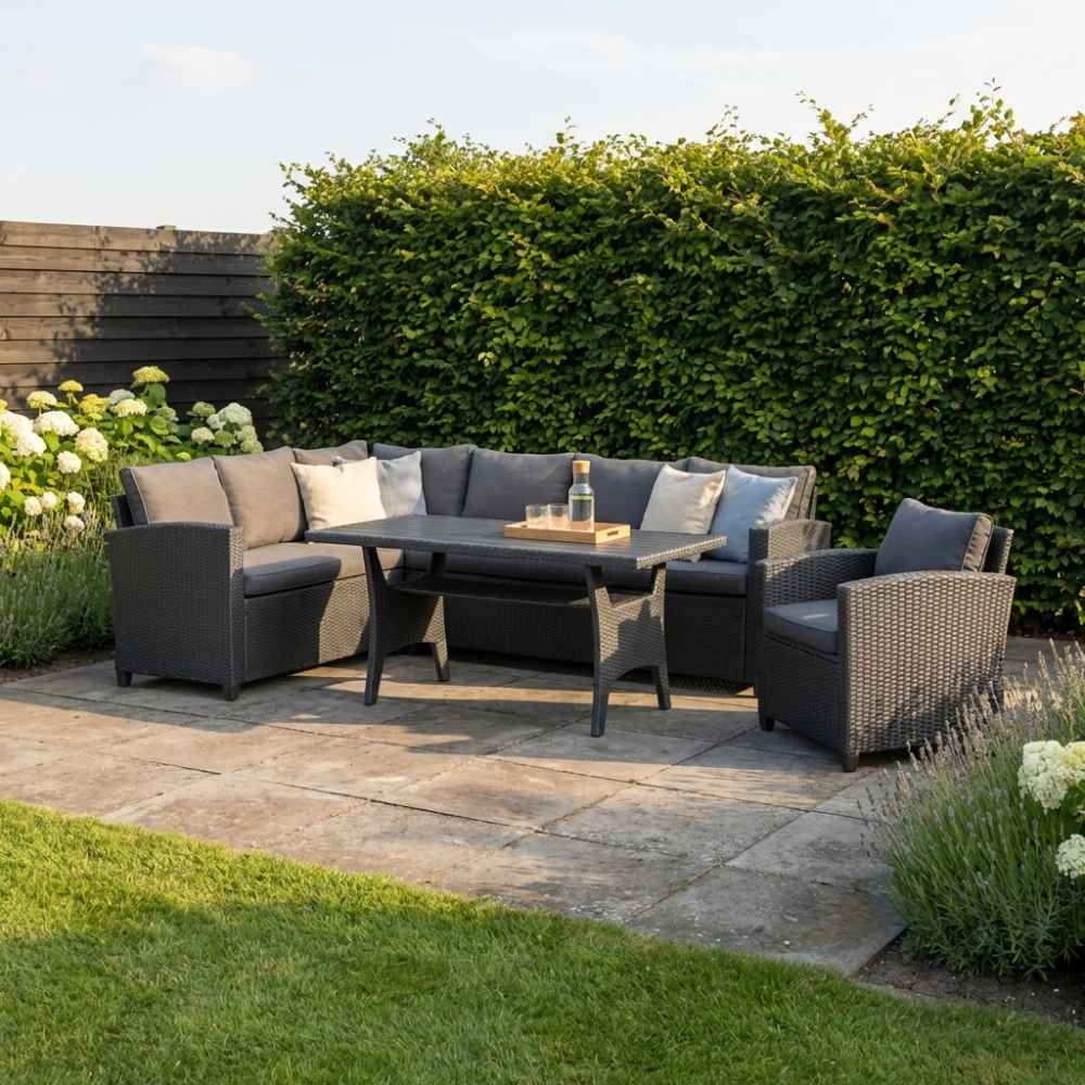 Stockholm dining loungeset met stoel 7 personen | wicker | zwart | 4-delig - 245x169cm