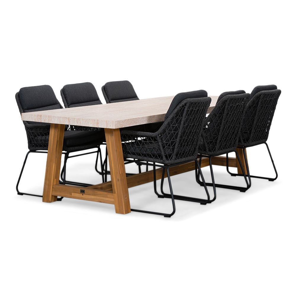 Velora/Valencia Lava Grey dining tuinset | 6 personen | travertin + touw | 250cm afbeelding