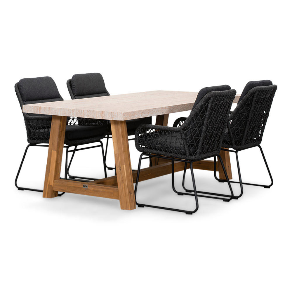 Velora/Valencia Lava Grey dining tuinset | 4 personen | travertin + touw | 200cm afbeelding