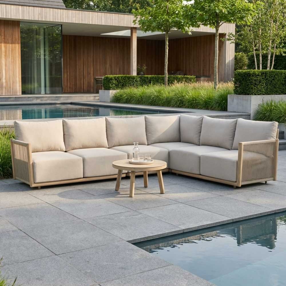 Beau hoek loungeset 6 personen incl. tafel 70cm rond | aluminium + touw | grijs | 5-delig - 304x234cm