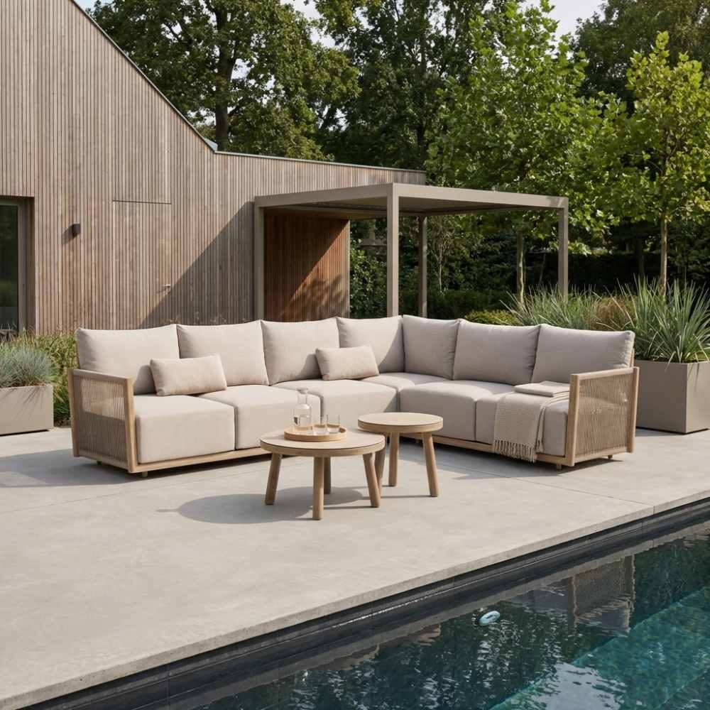 Beau hoek loungeset 6 personen incl. tafels | aluminium + touw | grijs | 6-delig - 304x234cm