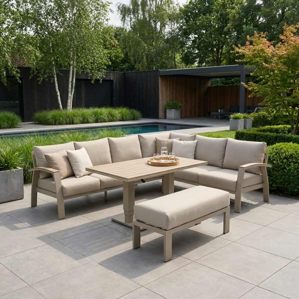 Bordeaux dining loungeset incl. bank 8 personen | aluminium + polywood | beige | 5-delig - 290x225cm