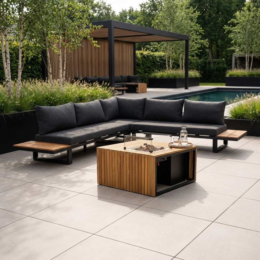 Canyon/Mida hoek loungeset met vuurtafel 5 personen | aluminium + hardhout | antraciet/Light Teaklook | 4-delig - 288x288cm