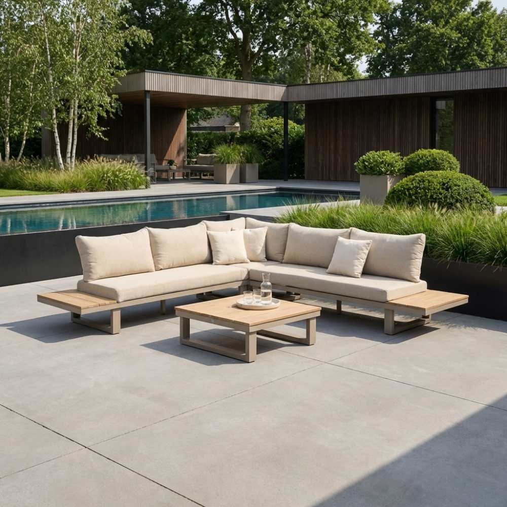 Canyon hoek loungeset 5 personen incl. tafel | aluminium + hardhout | beige | 5-delig - 288x288cm