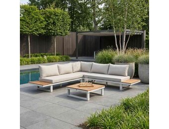 Canyon hoek loungeset 5 personen incl. tafel | aluminium + hardhout | wit/Light Teaklook  | 5-delig