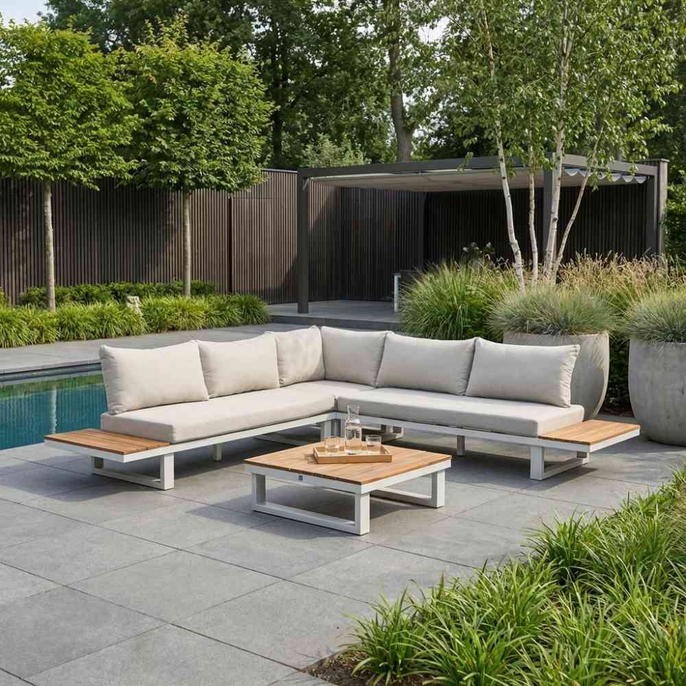 Canyon hoek loungeset 5 personen incl. tafel | aluminium + hardhout | wit/Light Teaklook  | 5-delig