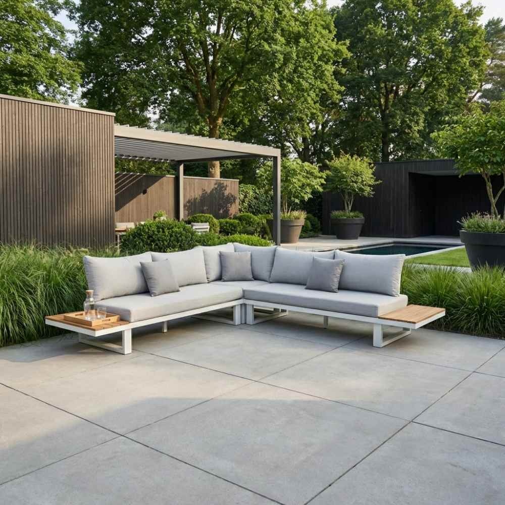 Canyon hoek loungeset 5 personen incl. tafel | aluminium + hardhout | wit/Light Teaklook  | 5-delig