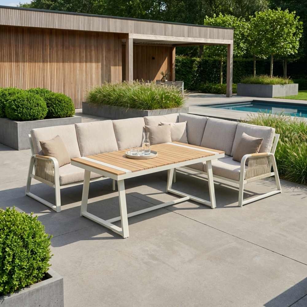 Como dining loungeset 6 personen | aluminium + polywood | beige | 4-delig - 271x210cm