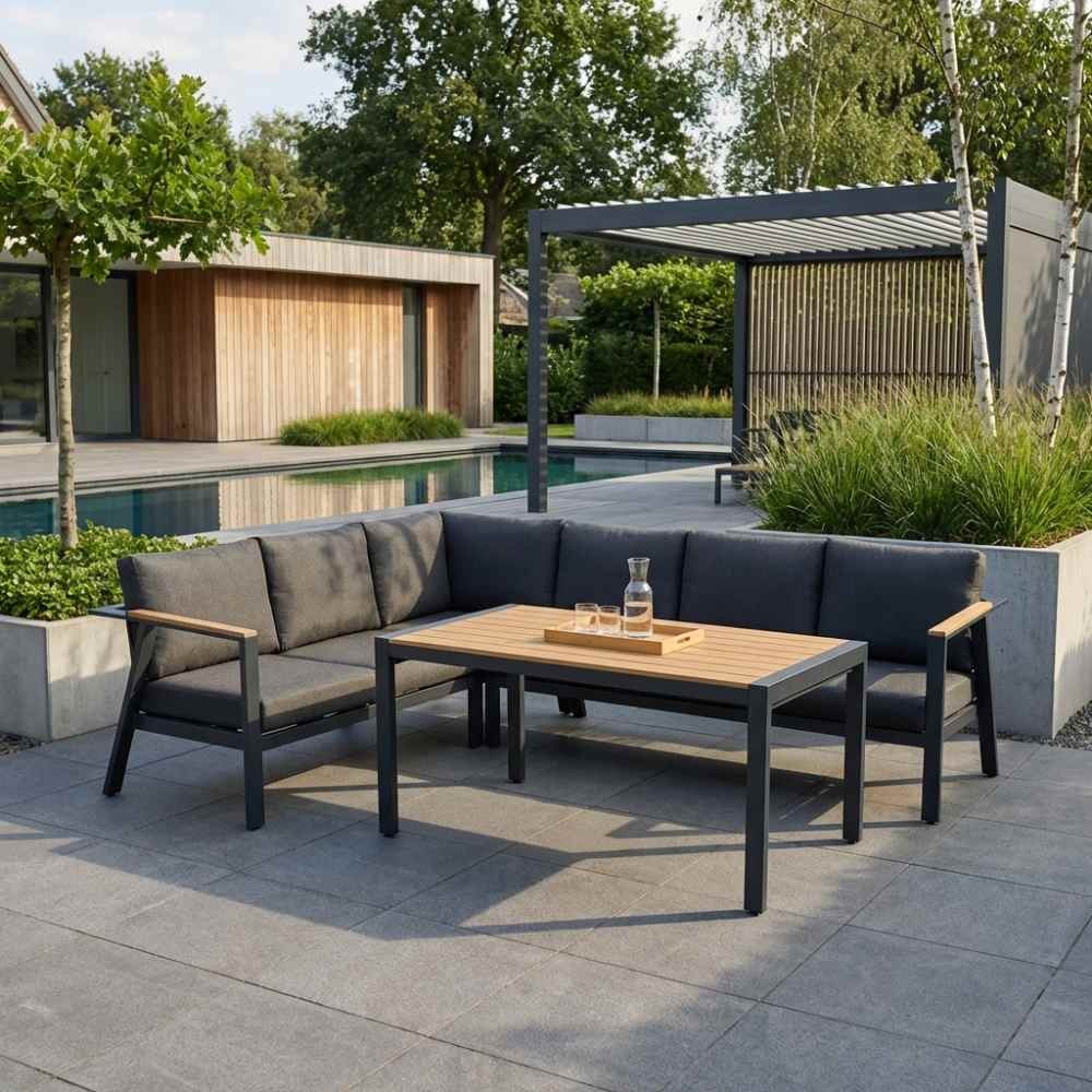 Gerona dining loungeset 6 personen | aluminium + teakhout | antraciet | 4-delig - 263x203cm