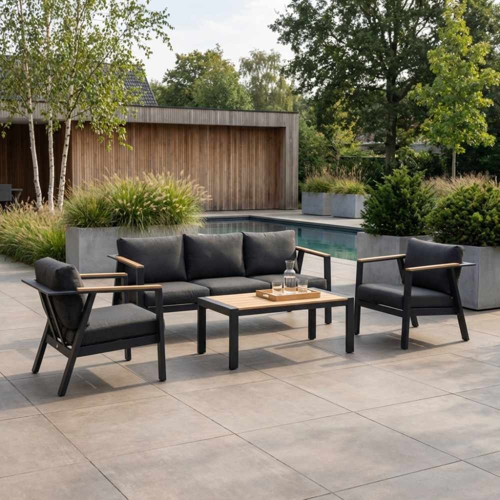 Gerona stoel-bank loungeset 5 personen | aluminium + teakhout | antraciet | 4-delig
