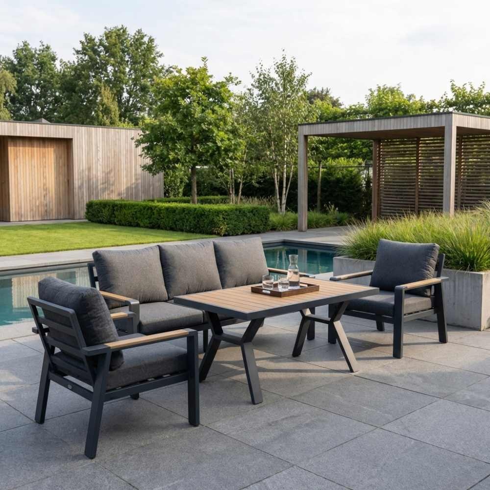 Lola dining stoel-bank loungeset 5 personen | aluminium + polywood | antraciet | 4-delig