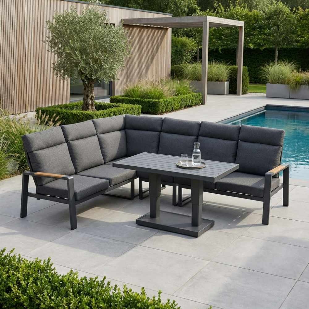 Manhattan dining loungeset met verstelbare tafel 6 personen | aluminium + polywood | antraciet | 5-delig - 273x213cm