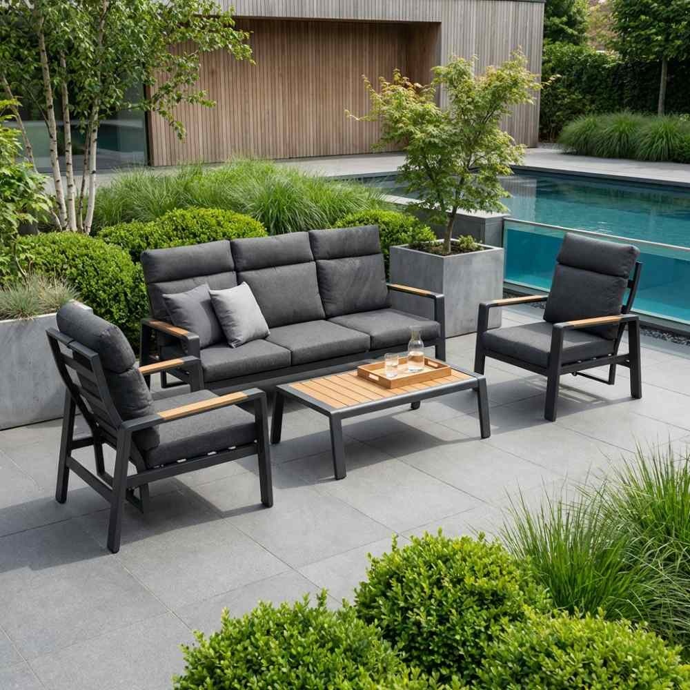 Manhattan stoel-bank loungeset - verstelbaar incl tafel | aluminium + polywood | antraciet | 4-delig