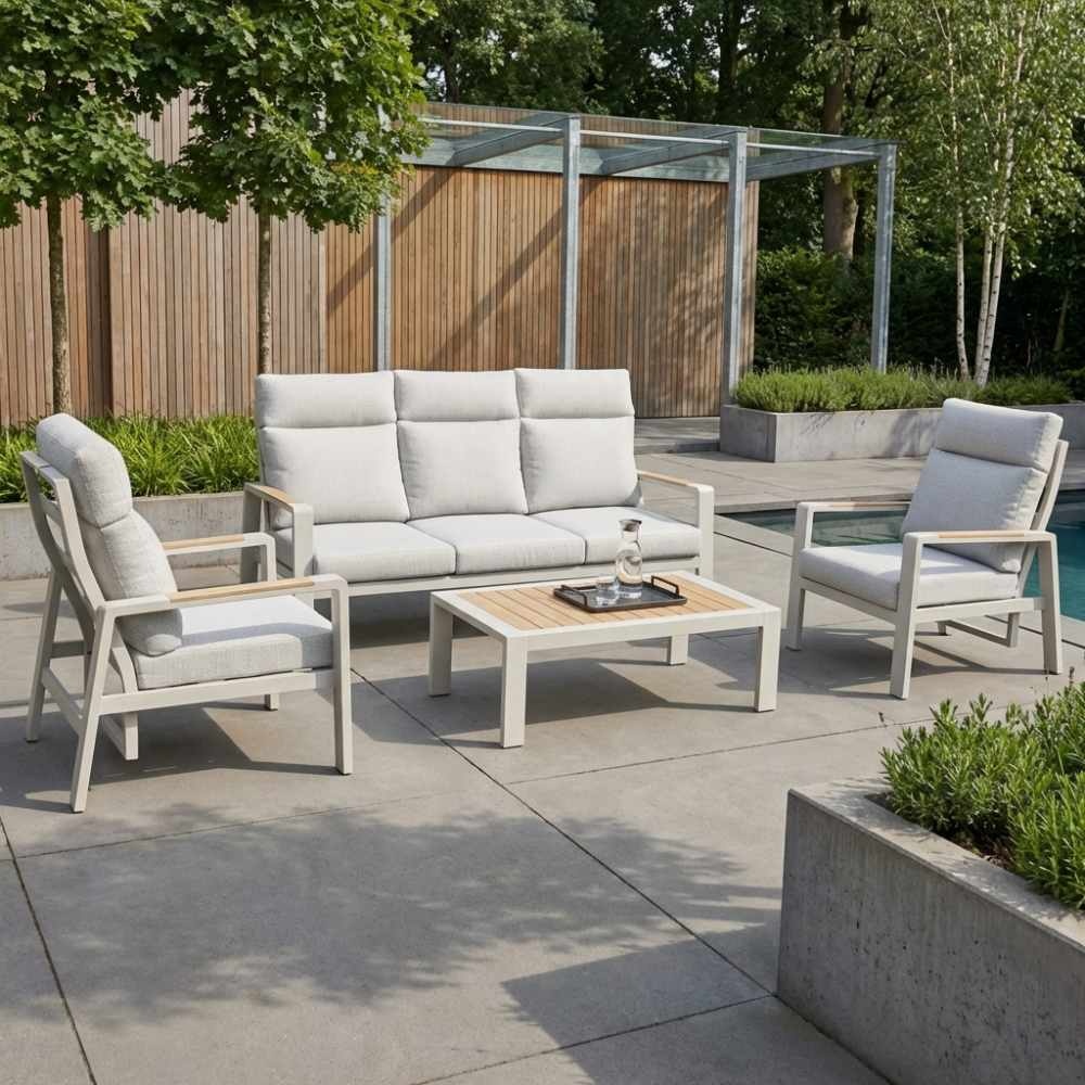 Manhattan stoel-bank loungeset - verstelbaar incl. tafel | aluminium + polywood | beige | 5-delig