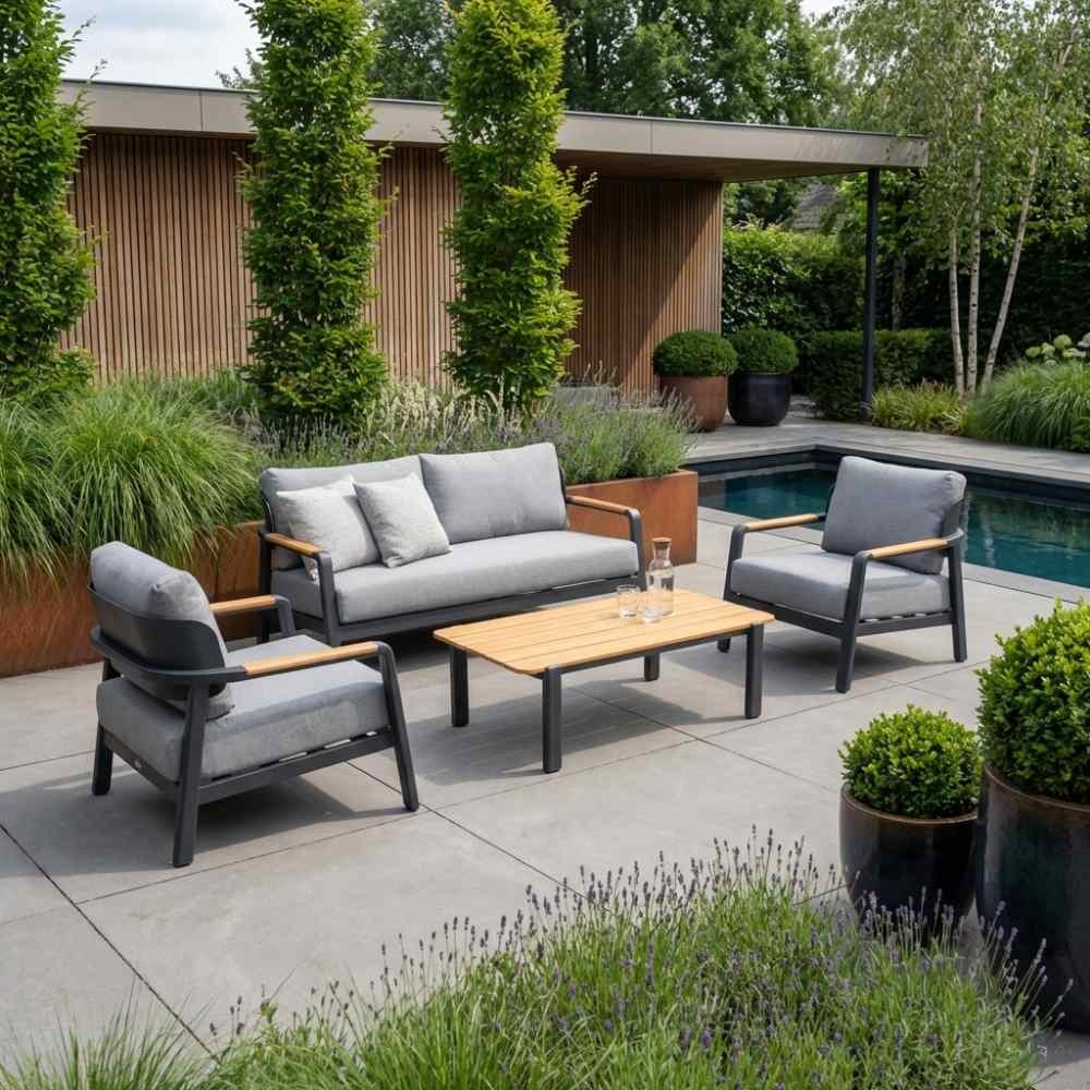 Marbella stoel-bank loungeset 4 personen | aluminium + teak | antraciet | 4-delig