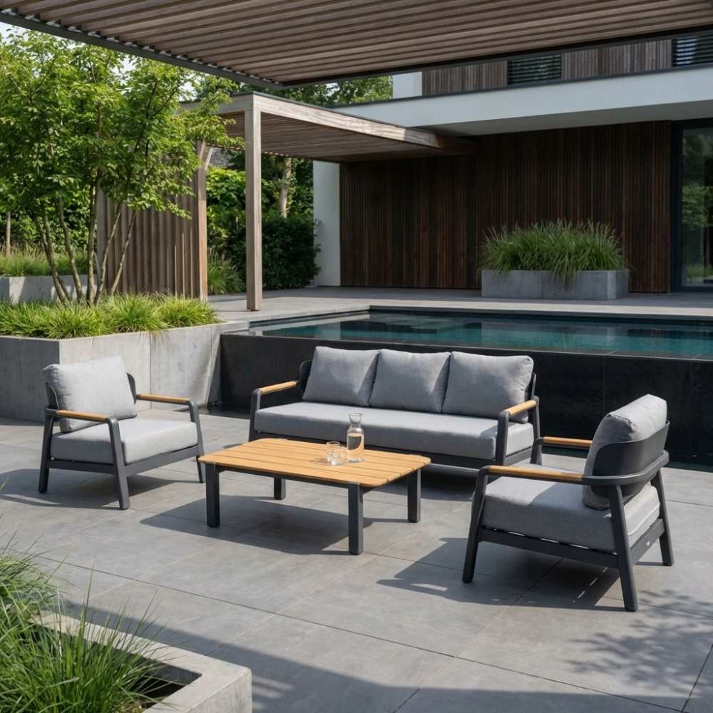 Marbella stoel-bank loungeset 5 personen | aluminium + teak | antraciet | 4-delig