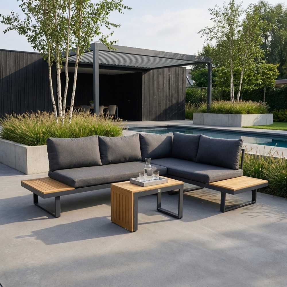Melbourne chaise longue balkon loungeset 4 personen | aluminium + polywood | antraciet | 3-delig - 250x175cm