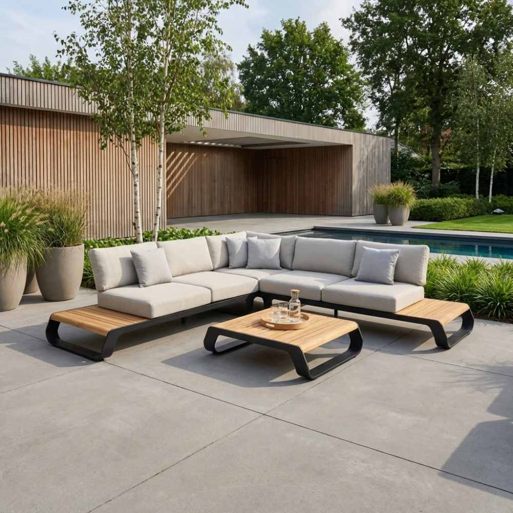 Palm Springs hoek loungeset 5 personen | aluminium + hardhout | taupe + Light Teaklook | 4-delig - 267x267cm