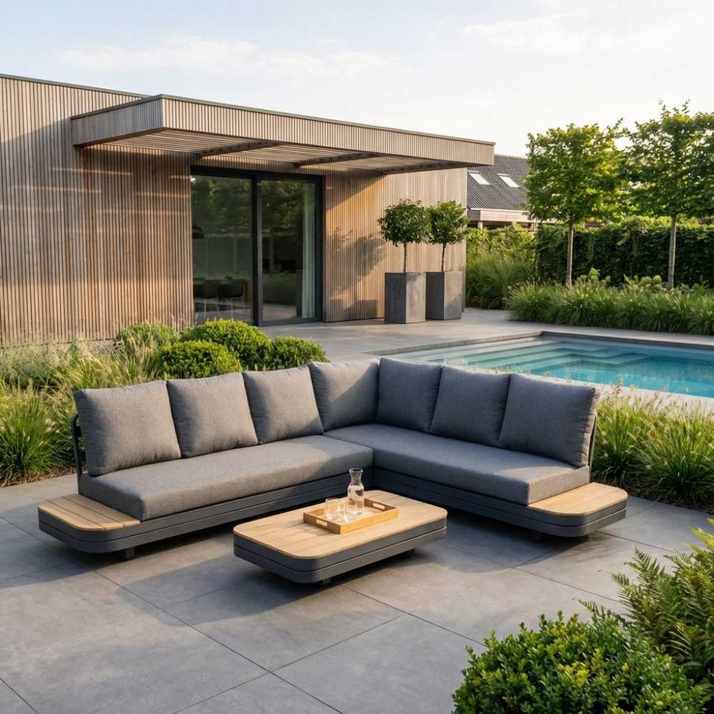 Serrento hoek loungeset rechts 6 personen incl. tafel | aluminium + polywood | antraciet | 4-delig