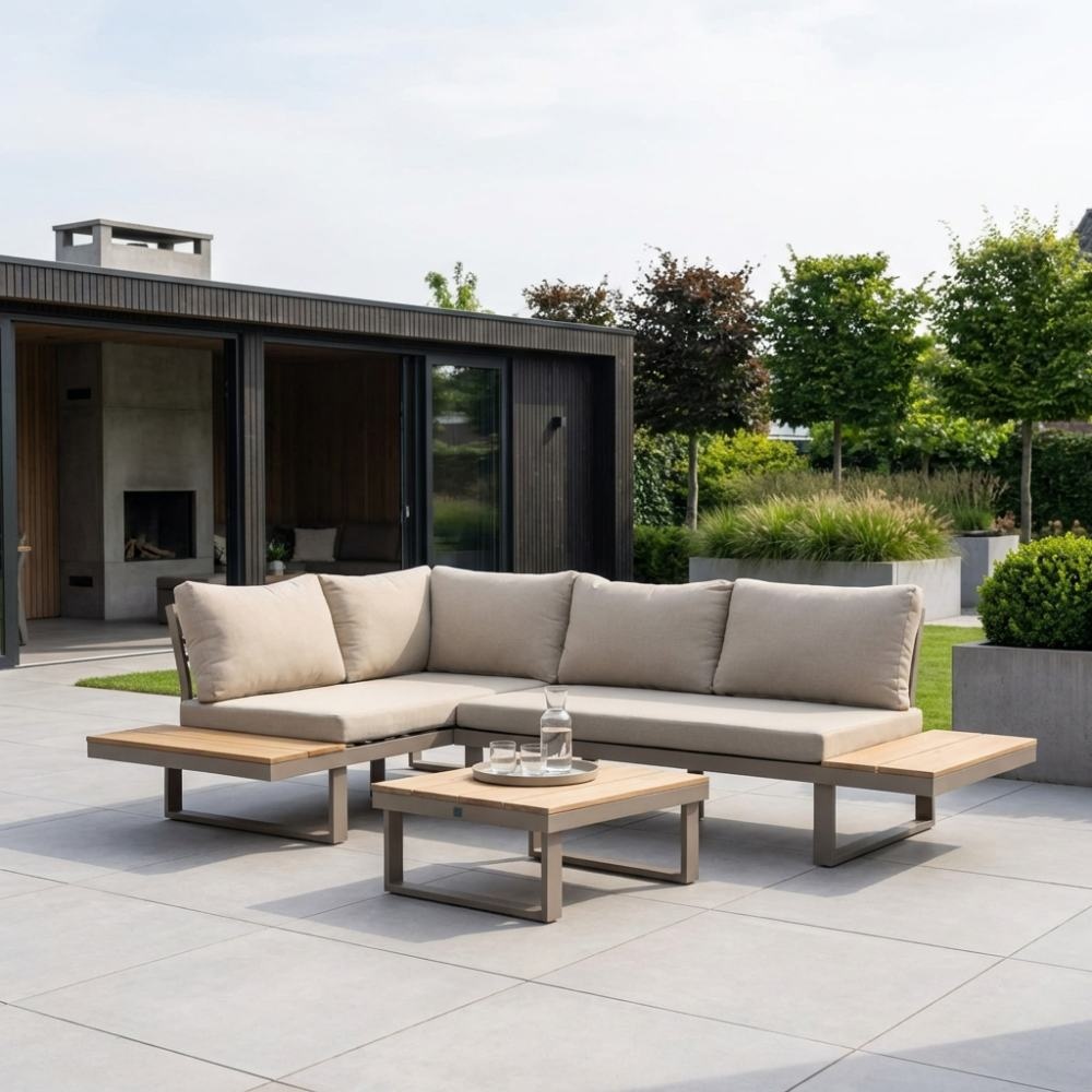 Titan hoek loungeset 4 personen | aluminium + hardhout | beige/Light teaklook | 3-delig - 247x167cm