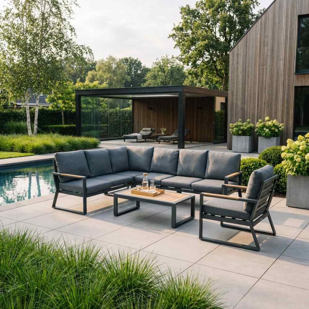 Vancouver hoek loungeset incl. stoel en tafel | aluminium + polywood | antraciet | 7-delig