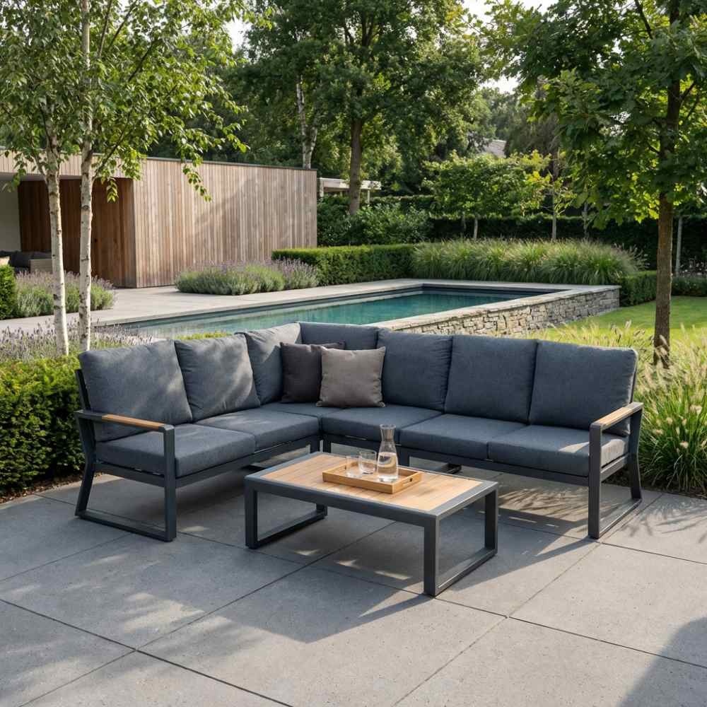 Vancouver hoek loungeset 5 personen incl. tafel | aluminium + polywood | antraciet | 6-delig
