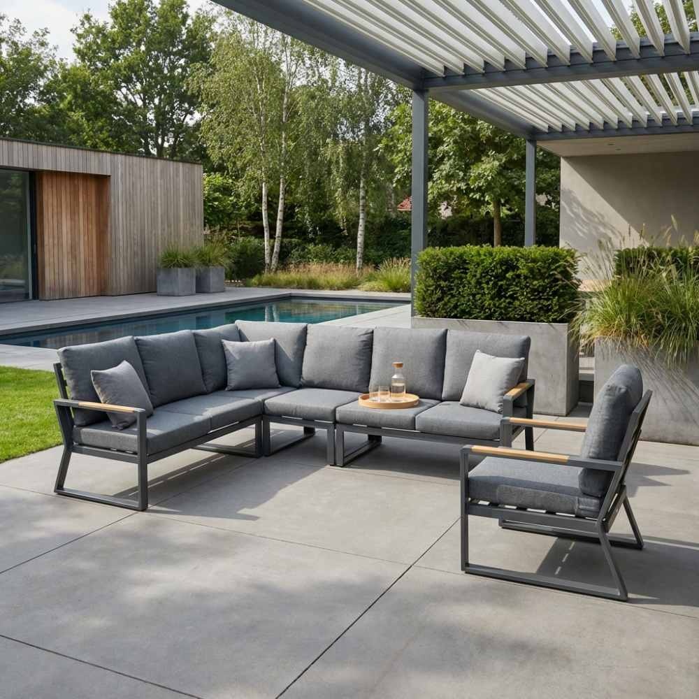 Vancouver hoek loungeset met stoel 6 personen | aluminium + polywood | antraciet | 6-delig - 270x210cm