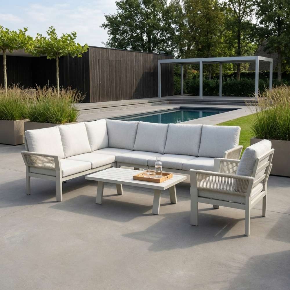 Venezia hoek loungeset incl. stoel en tafel 7 personen | aluminium + touw | beige | 6-delig