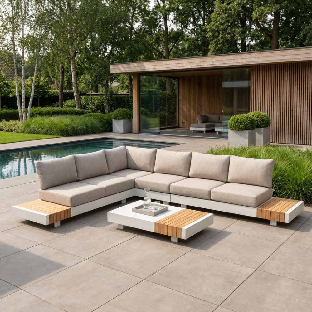 Verona hoek loungeset met all weather kussens 6 personen | aluminium + teakhout | beige | 4-delig - 339x269cm