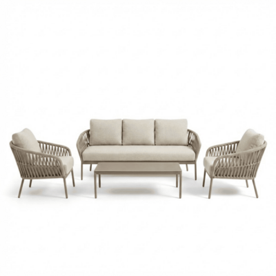 Mykonos stoel-bank loungeset 5 personen incl. tafel | aluminium + touw | beige | 4-delig