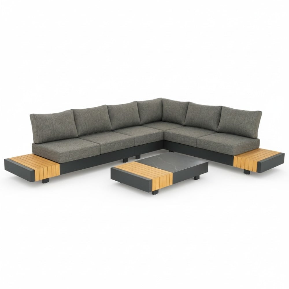 Verona hoek loungeset met all weather kussens 6 personen | aluminium + teakhout | antraciet | 4-delig - 339x269cm