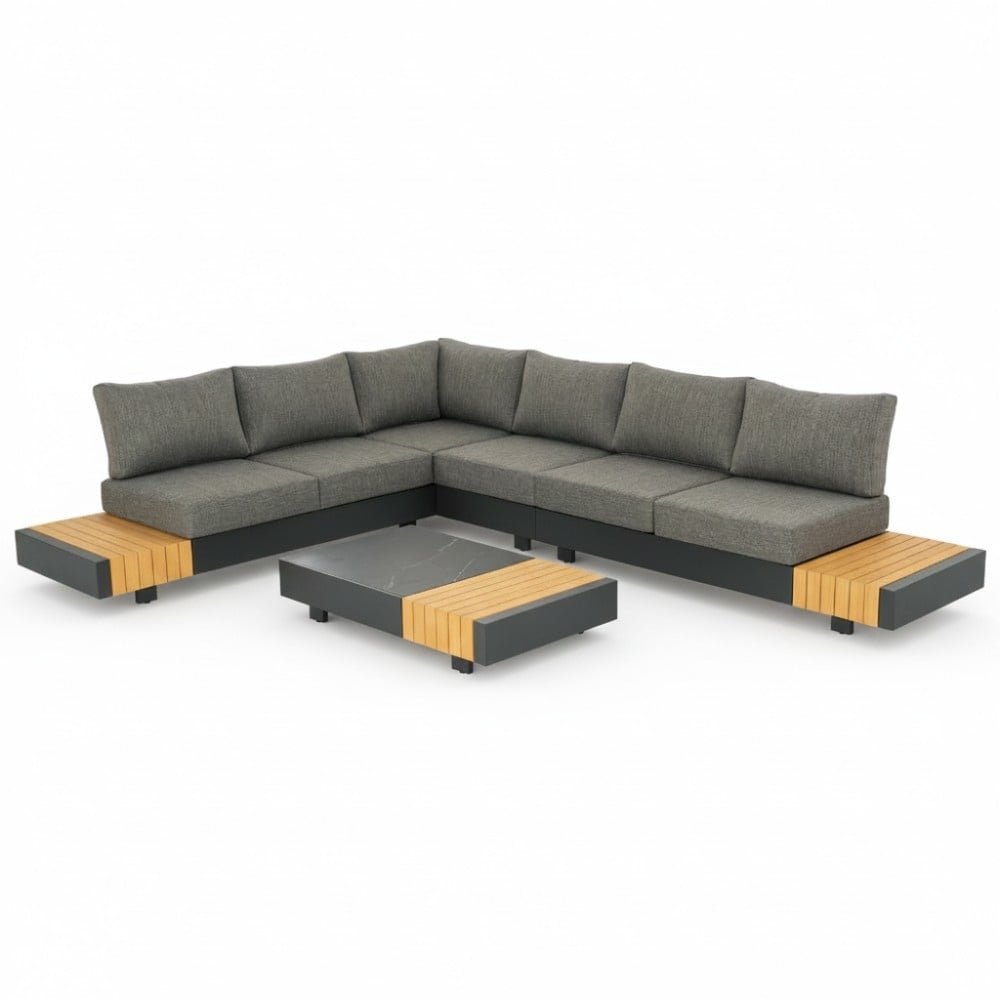 Verona hoek loungeset met all weather kussens 6 personen | aluminium + teakhout | antraciet | 4-delig - 339x269cm