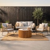 Arturo/Ibiza stoel-bank loungeset met vuurtafel 5 personen | wicker + teakhout | Bamboo taupe | 5-delig