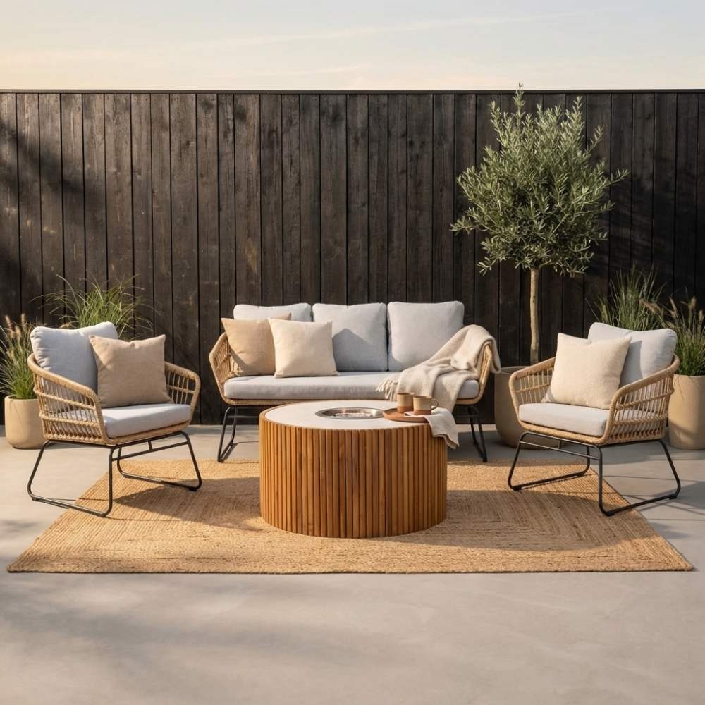 Arturo/Ibiza stoel-bank loungeset met vuurtafel 5 personen | wicker + teakhout | Bamboo taupe | 5-delig