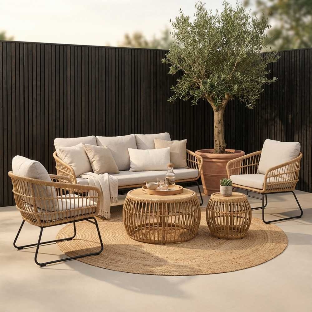 Arturo stoel-bank loungeset 5 personen | wicker + teakhout | Bamboo taupe | 5-delig