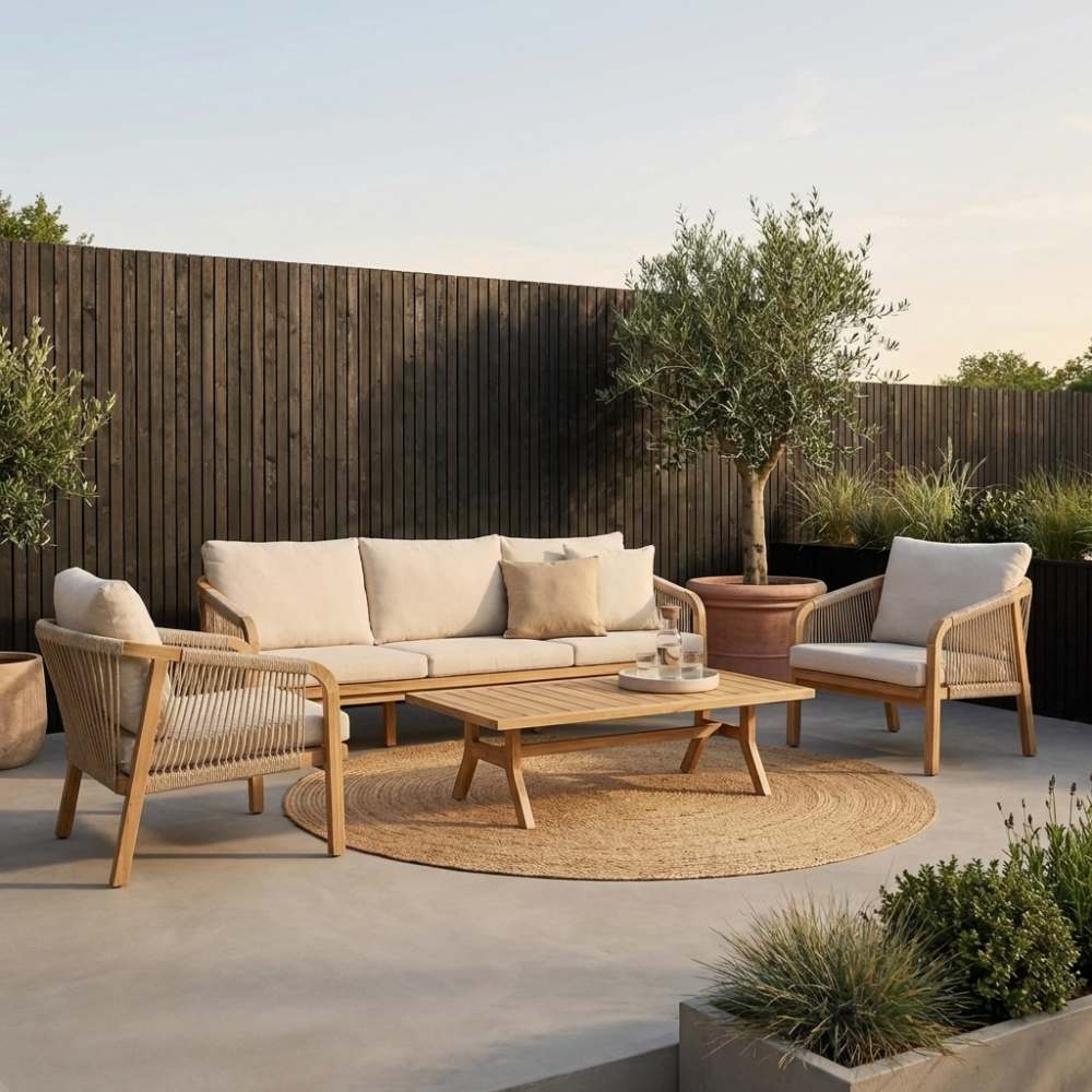 Bergamo stoel-bank loungeset 5 personen incl. tafel 127cm | touw + hardhout | zand | 4-delig