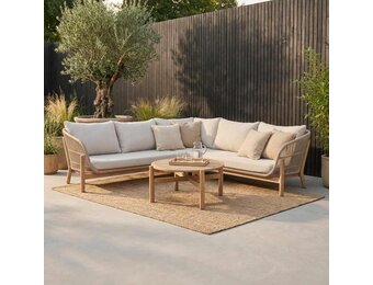 Braga hoek loungeset 6 personen incl. tafel | touw + hardhout | zand | 5-delig - 235x235cm