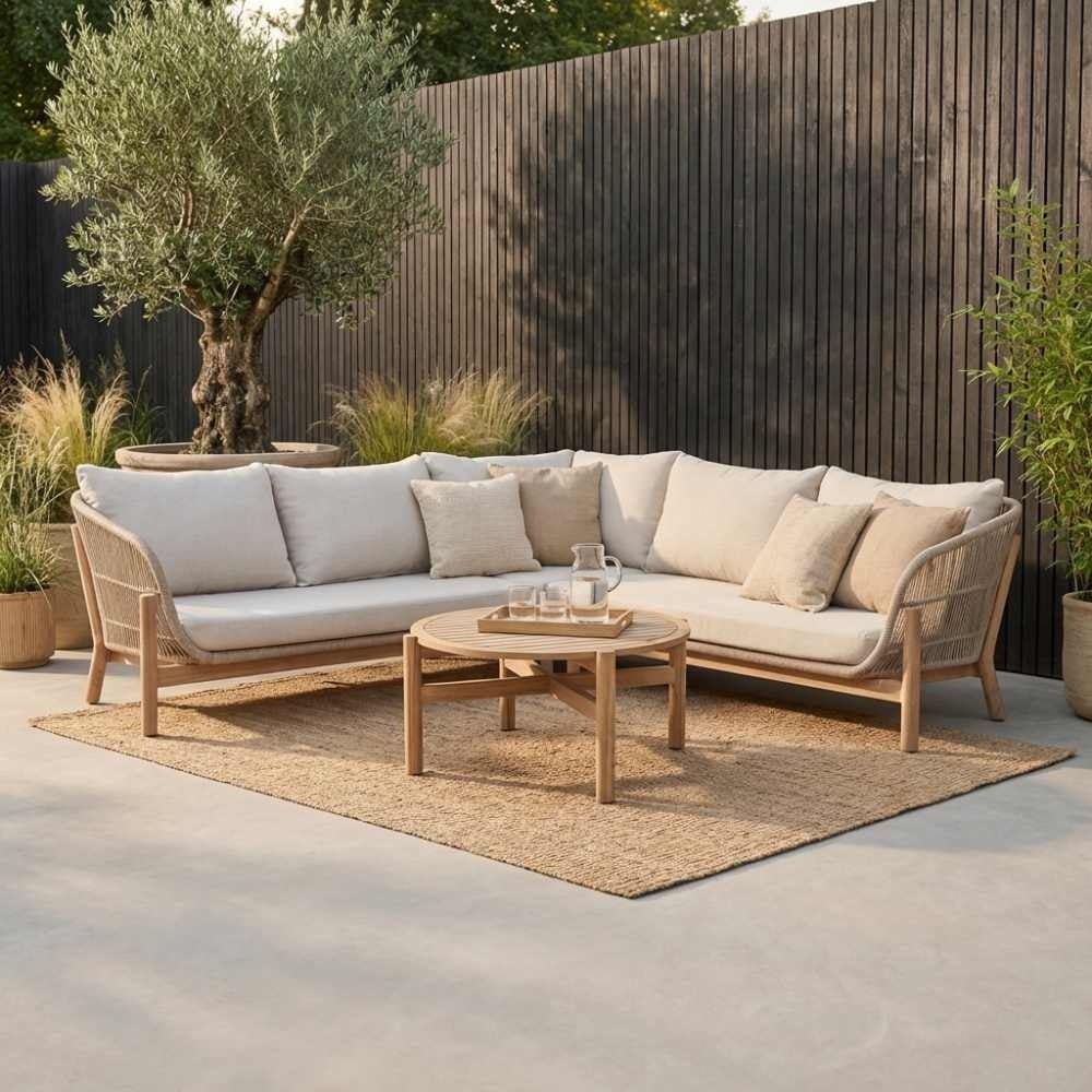 BUITEN living Braga hoek loungeset 6 personen incl. tafel | touw + hardhout | zand | 5-delig 235x235cm