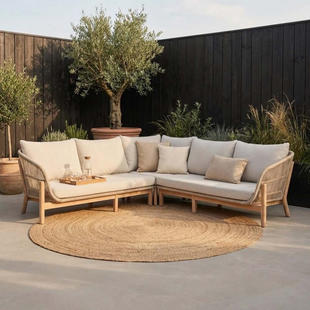 Braga hoek loungeset 5 personen | touw + hardhout | zand | 4-delig - 235x235cm