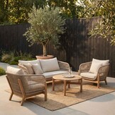 Braga stoel-bank loungeset 4 personen | touw + hardhout | zand | 4-delig