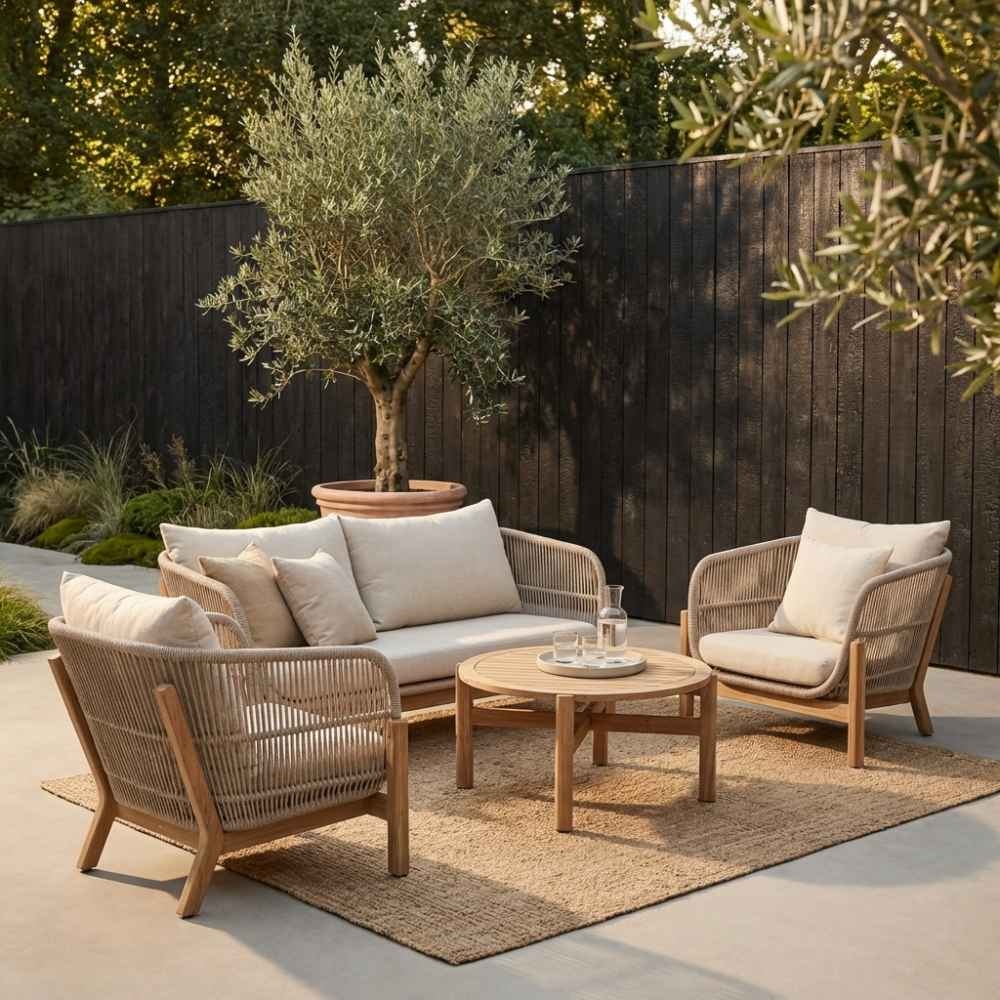 Braga stoel-bank loungeset 4 personen | touw + hardhout | zand | 4-delig