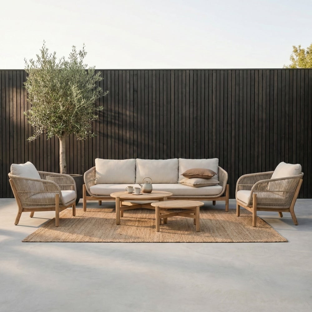 BUITEN living Braga stoel-bank loungeset 5 personen | touw + hardhout | zand | 5-delig – Taupe – Naturel – Bruin